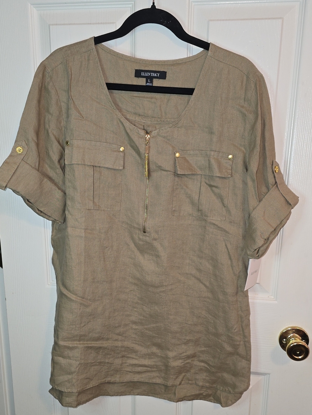 Ellen Tracy Taupe Linen Zip-Front Utility Tunic